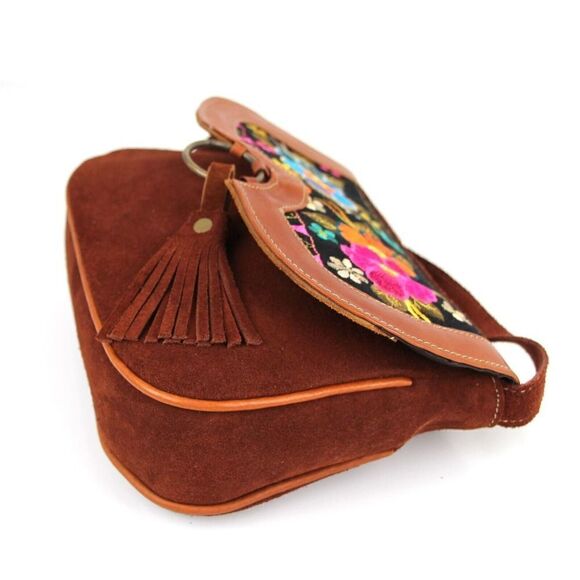 HANDCRAFTED BROWN GENUINE LEATHER SUEDE EMBROIDERY FLAP XBODY PURSE SHOULDER BAG - Picture 9 of 16